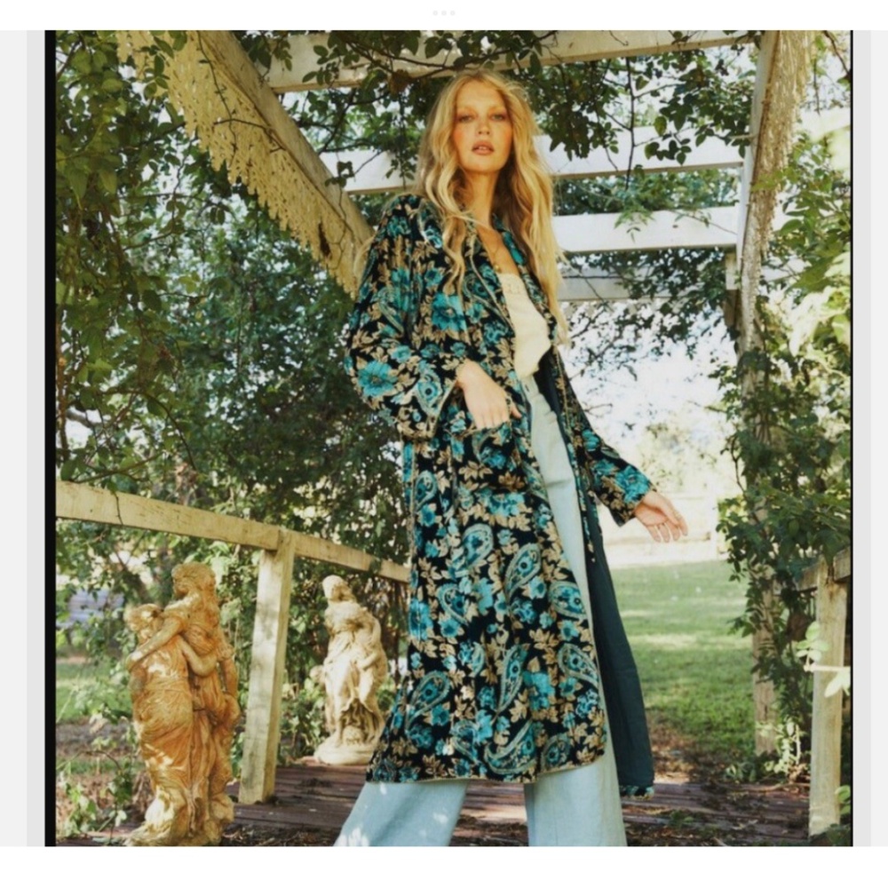 Chasing Unicorns Teal Black Floral Jacquard Long Coat